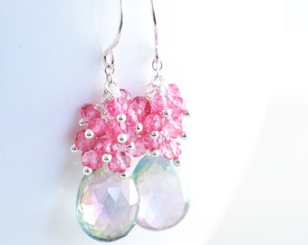 Topaz Dangle Earrings, Mystic Topaz Cluster Earrings, Pink Earrings