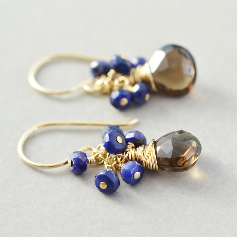 Sapphire Cluster Earrings September Birthstone Earrings Smoky Quartz Dangle Earrings