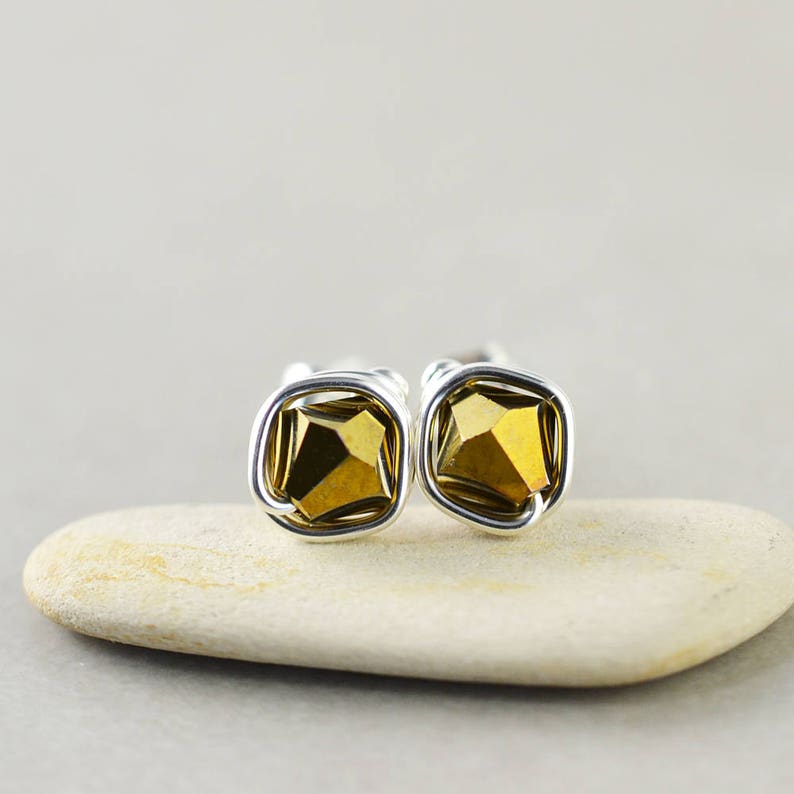 Gold Crystal Studs, Bicone Crystal, Gold Posts, Sterling Silver Studs image 1