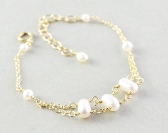 Pearl Bracelet, White Pearl Bracelet, Gold Chain Bracelet, Handmade