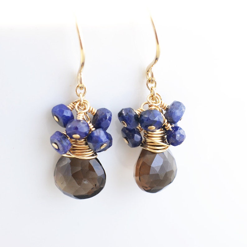 Sapphire Cluster Earrings September Birthstone Earrings Smoky Quartz Dangle Earrings
