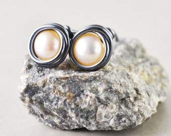 Pearl Studs, Peach Posts, June Birthstone, Silver, Gold or Oxidized Sterling