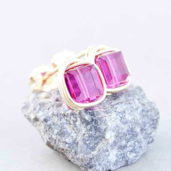 Hot Pink Studs, Bright Pink Cube Posts, Square Crystal Posts, Silver, Gold, Rose Gold