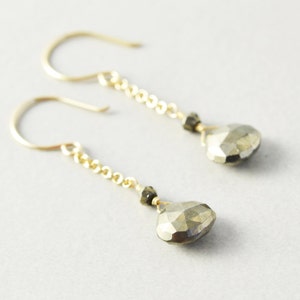 Pyrite Dangle Earrings, Sterling or Gold Chain Earrings, Brown Drop Earrings image 2