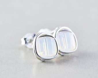Opalescent Crystal Studs, Cube Post Earrings, Silver Studs, Wedding Studs, Square Posts