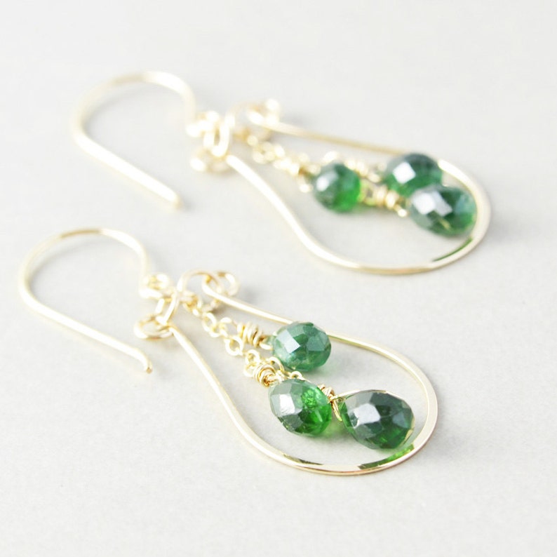 Apatite Dangle Earrrings, Gemstone Hoop Earrings, Dark Green Drop Earrings image 2