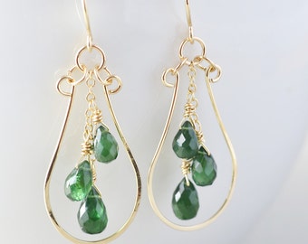 Apatite Dangle Earrrings, Gemstone Hoop Earrings, Dark Green Drop Earrings
