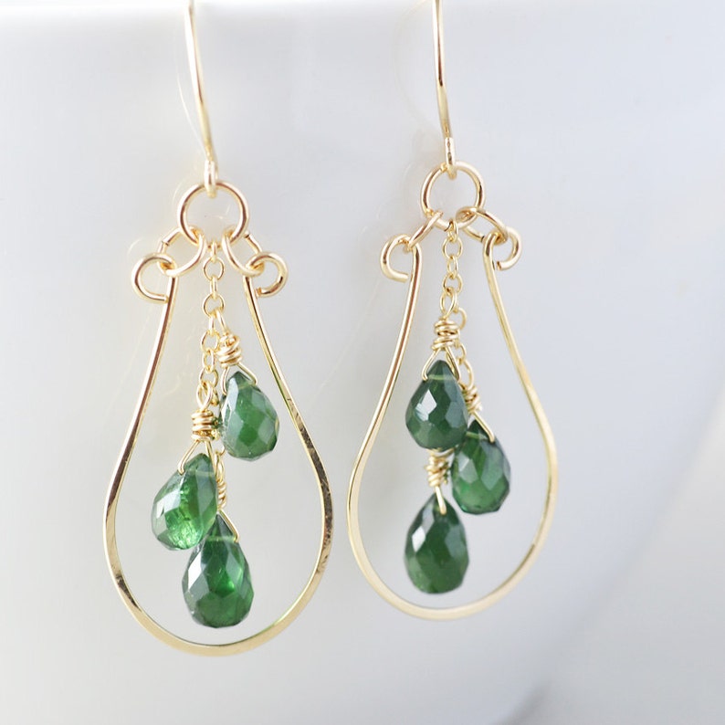 Apatite Dangle Earrrings, Gemstone Hoop Earrings, Dark Green Drop Earrings image 1