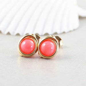 Coral Stud Earrings, Salmon Posts, Coral Post, Bridesmaid, Handmade, Sterling, Gold, Rose Gold image 3