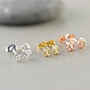 Small Knot Earrings, Metallic Tiny Studs, Sterling, Gold, Rose Gold, Love Knots, Bridesmaid, Tie The Knot