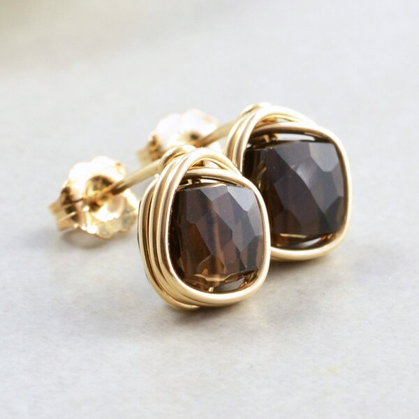 Smoky Quartz Studs, Brown Post Earrings, Brown Cube Posts, Square Studs