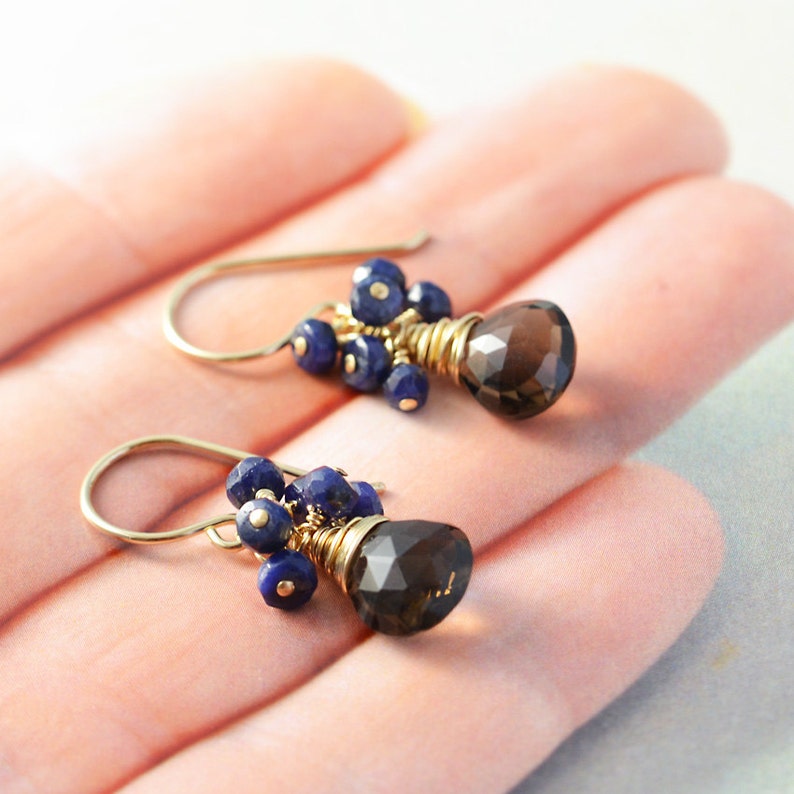 Sapphire Cluster Earrings September Birthstone Earrings Smoky Quartz Dangle Earrings
