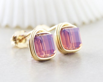 Purple Studs, Swarovski Crystal Studs, Square Post Earrings, Orchid Posts, Bridesmaid Gift