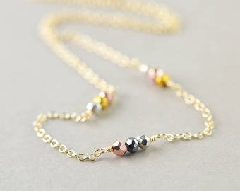 Pyrite Necklace, Minimal Necklace, Multi Color Necklace