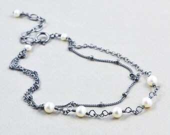 Pearl Silver or Oxidized Silver Bracelet, June Birthstone, White Pearl Bracelet, Handmade Chain Bracelet