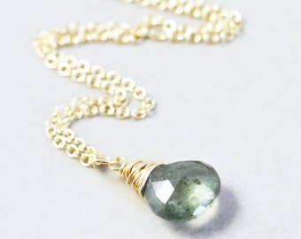 Moss Aquamarine Pendant Necklace, Green Necklace, March, Sterling, Oxidized, Gold, Rose Gold