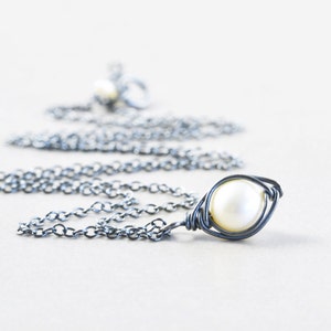 Pearl Drop Necklace, White Freshwater Pearl, Oxidized Sterling, June, Silver, Gold, Rose Gold
