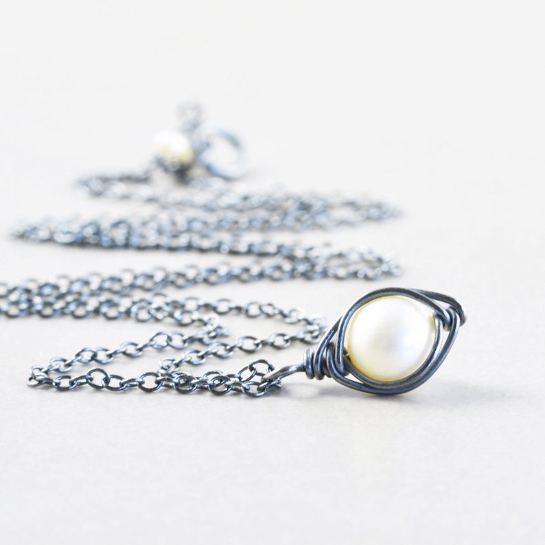 Pearl Drop Necklace, White Freshwater Pearl, Oxidized Sterling, June, Silver, Gold, Rose Gold image 1