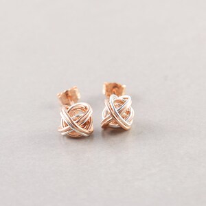 Rose Gold Silver Knot Studs, Two Tone Earrings, Knotted Jewelry, Love Knots, Bridesmaid Gift