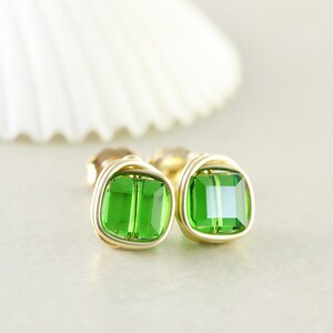 Green Studs, Square Crystal Posts, Green Cube Earrings, Swarovski, Silver, Gold, Rose Gold image 1