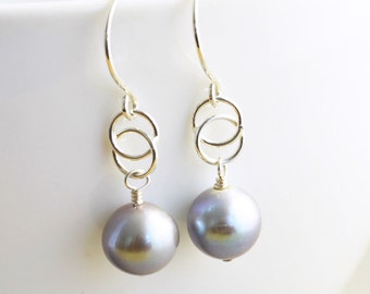 Gray Pearl Dangle Earrings, June Birthstone, Handmade