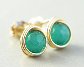Teal Jade Post Earrings, Green Studs, Bridesmaid Gift, Autumn, Sterling, Gold, Rose Gold