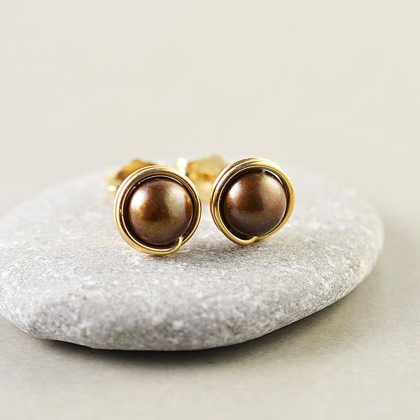 Brown Pearl Studs, Gold Earrings, Pearl Posts, June, Silver, Gold, Rose Gold