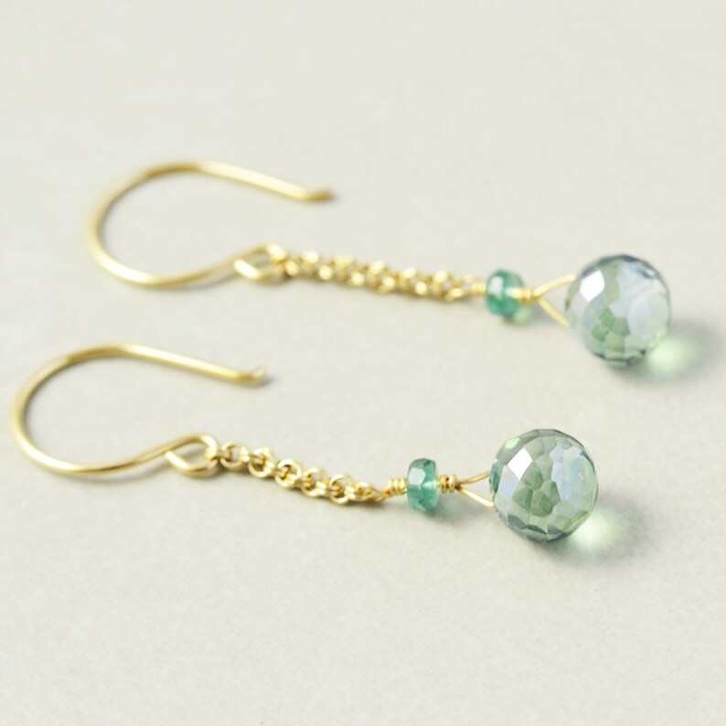 Green Quartz Dangle Earrings, Gold Chain Earrings, Mint Green Earrings image 3