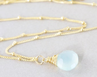 Aqua Drop Necklace, Aqua Chalcedony Necklace, Mint Drop Stone Necklace