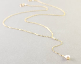 Lariat Pearl Necklace, White Pearl Necklace, June Birthstone, Adjustable