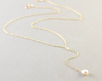 Pearl Necklace, Lariat, White Pearl, Birthstone, Adjustable, Silver, Gold, Rose Gold