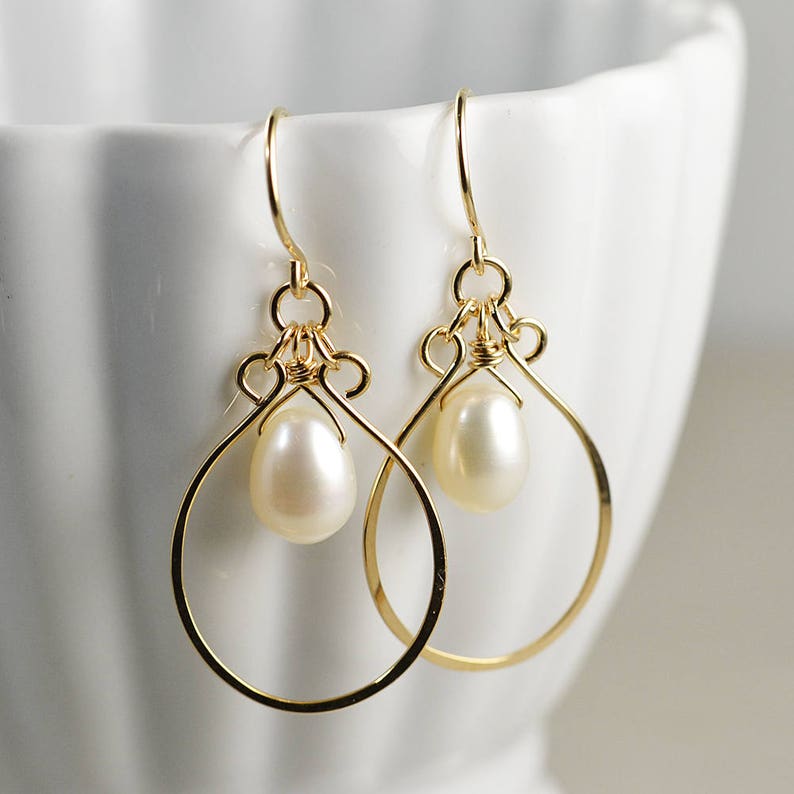 Pearl Hoop Earrings, Gold Hoop Earrings, White Pearl, Neutral, Silver, Gold, Rose Gold image 1