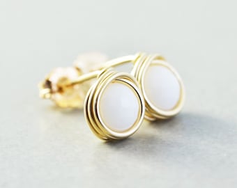 White Onyx Studs, White Post Earrings, Gold, Sterling, Rose Gold Posts, White Studs