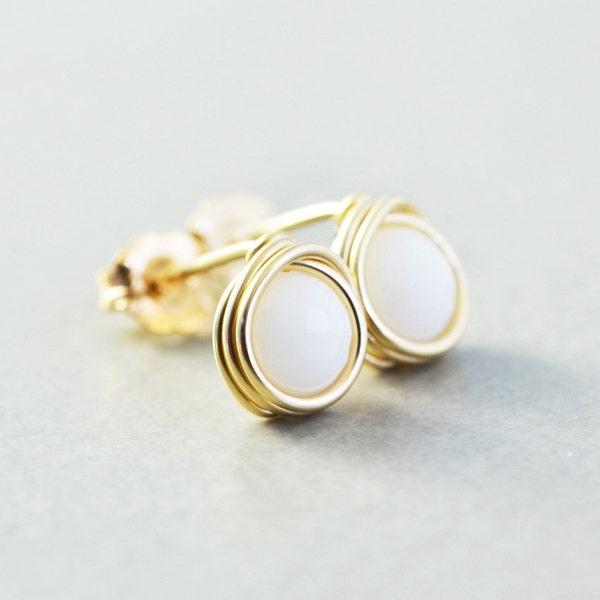 White Onyx Studs, White Post Earrings, Gold, Sterling, Rose Gold Posts, White Studs