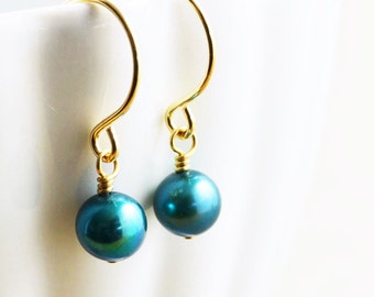 Pearl Drop Earrings, Teal Dangle Earrings, June Birthstone Jewerly, Bridesmaid Gift