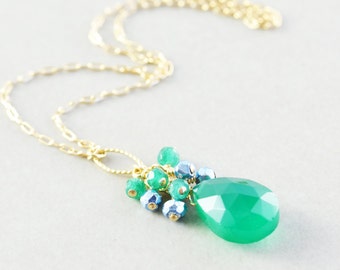 Emerald Green Drop Necklace, Blue Green Necklace, Onyx Necklace