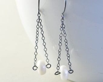 Pearl Dangle Earrings, Oxidized Sterling Chain Earrings, June Birthstone