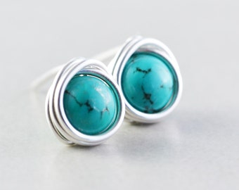 Turquoise Studs, Sterling Post Earrings, December Birthday, Handmade