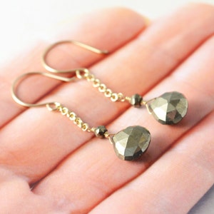 Pyrite Dangle Earrings, Sterling or Gold Chain Earrings, Brown Drop Earrings image 4