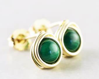 Green Studs, Malachite Posts, Green Post Earrings, Silver, Gold, Rose Gold