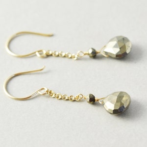 Pyrite Dangle Earrings, Sterling or Gold Chain Earrings, Brown Drop Earrings image 3