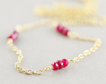 Simple Ruby Necklace, Minimal Necklace, Gold Ruby Necklace