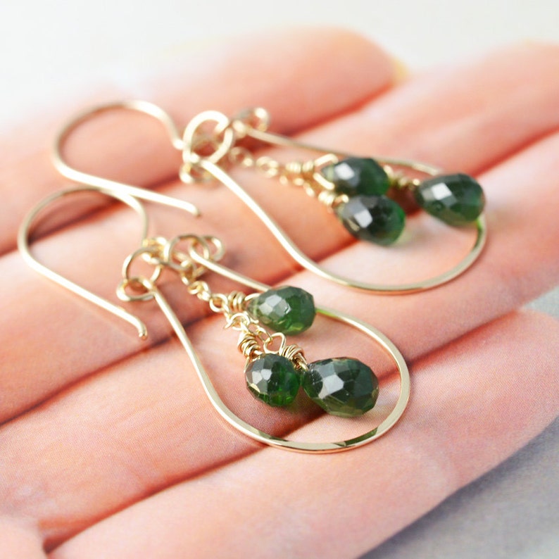 Apatite Dangle Earrrings, Gemstone Hoop Earrings, Dark Green Drop Earrings image 4