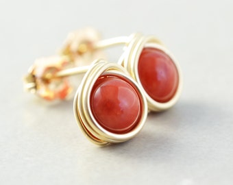 Coral Studs, Tomatoe Red Posts, Burnt Orange Earrings, Fall Earrings, Autumn Jewelry