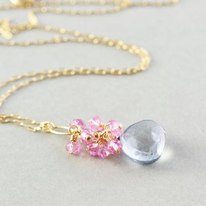 Gray Drop Necklace, Pink Topaz Cluster Necklace, Bridesmaid Gift