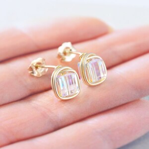 Crystal Square Studs, Crystal Cube, Bridesmaid, Arora Borealis, Silver, Gold, Rose Gold image 3