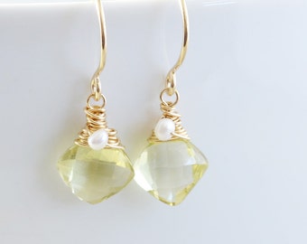 Yellow Drop Earrings, Brazilian Quartz Earrings, Yellow Dangle Earrings, Pearl Earrings