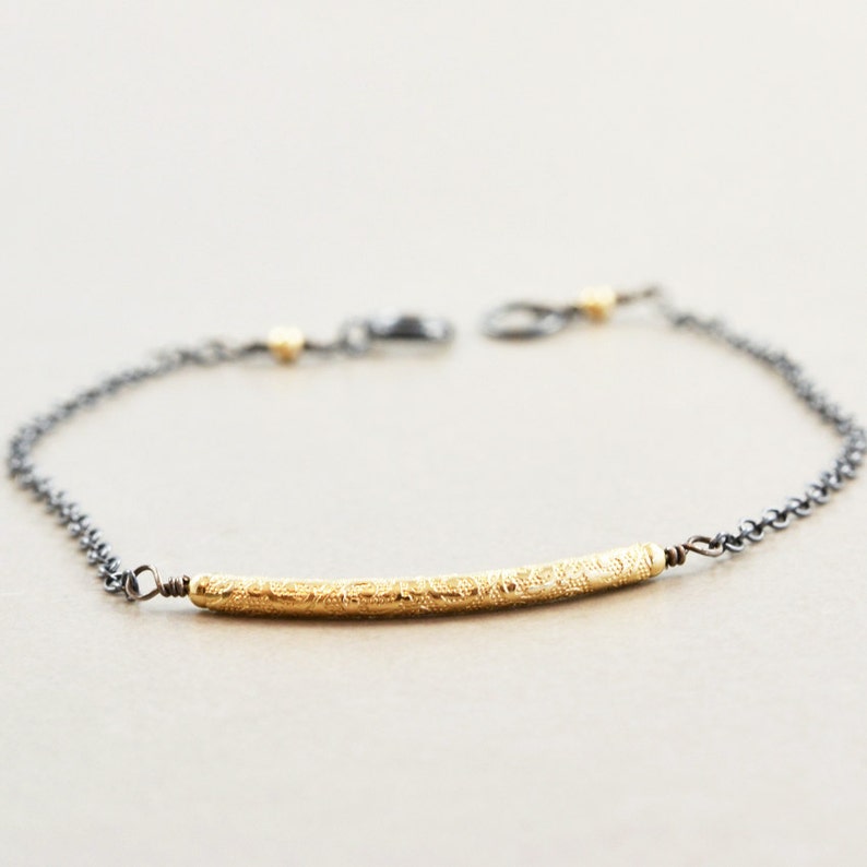 Gold Silver Chain Bracelet, Oxidized Sterling Bar Bracelet, Metallic, Minimalistic image 1