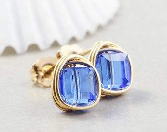 Sapphire Blue Studs, Blue Cubes, Swarovski Crystal, Square, Silver, Gold, Rose Gold