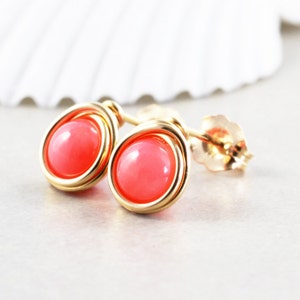 Coral Stud Earrings, Salmon Posts, Coral Post, Bridesmaid, Handmade, Sterling, Gold, Rose Gold image 1